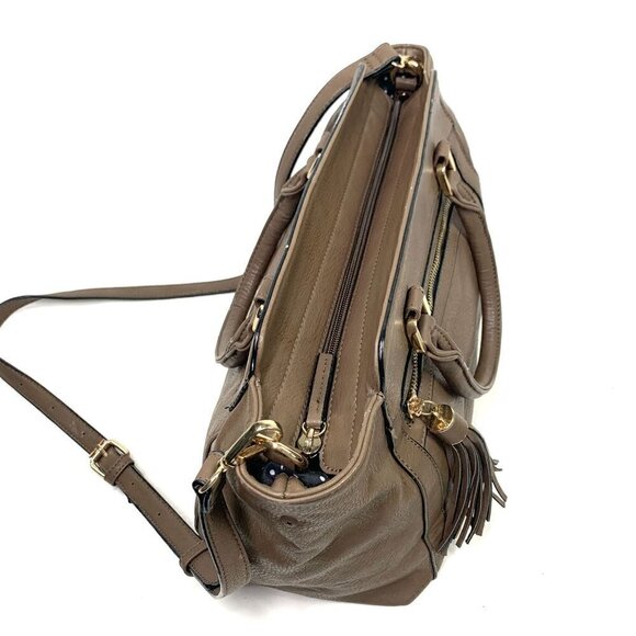 MODA LUXE Faux Leather Satchel with Tassel Brown/Gold Polka Dot Lining - Picture 9 of 12